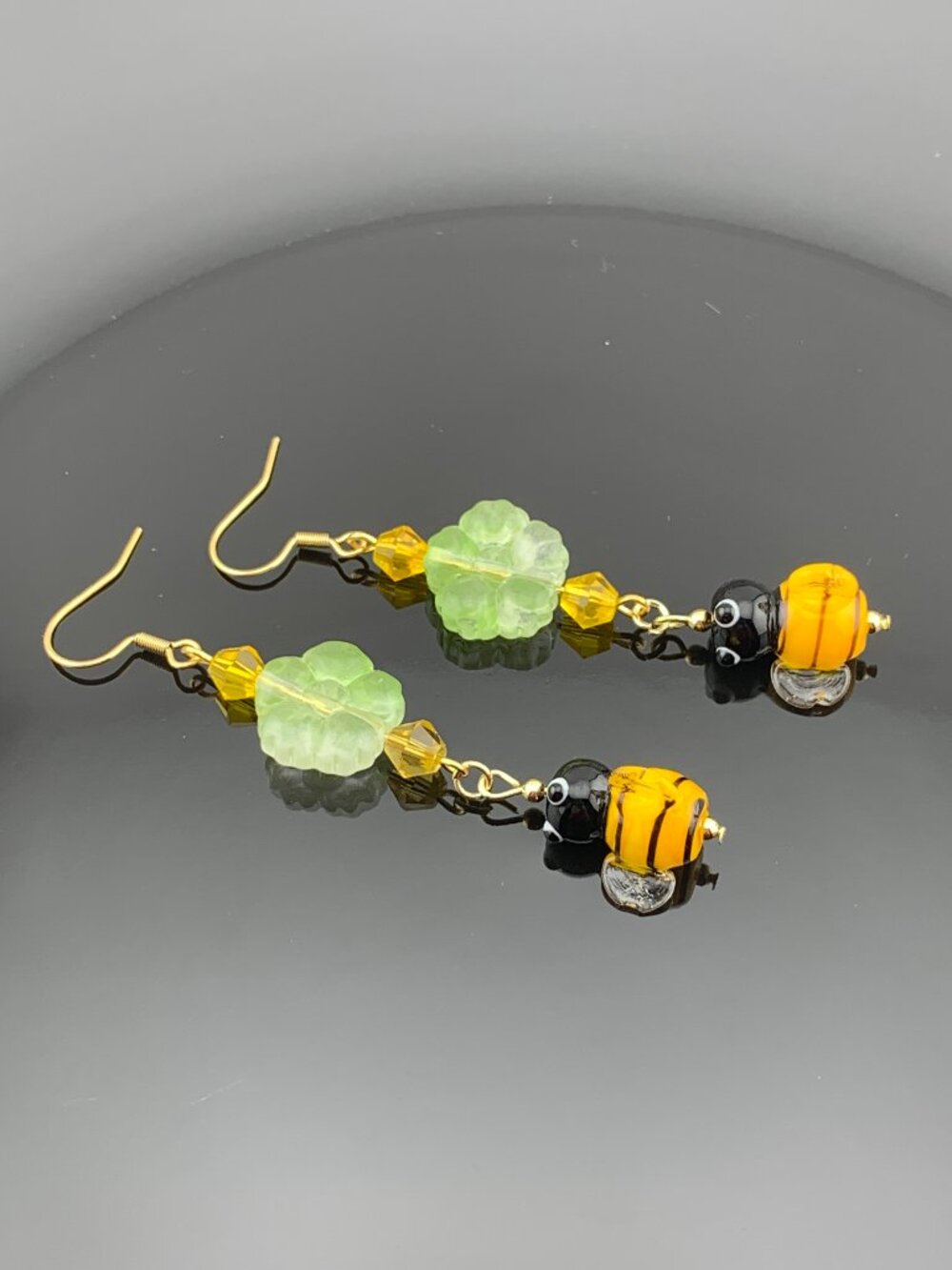 Bumble Bee Flower Lampwork Dangle Gardencore Handmade Earrings LR214